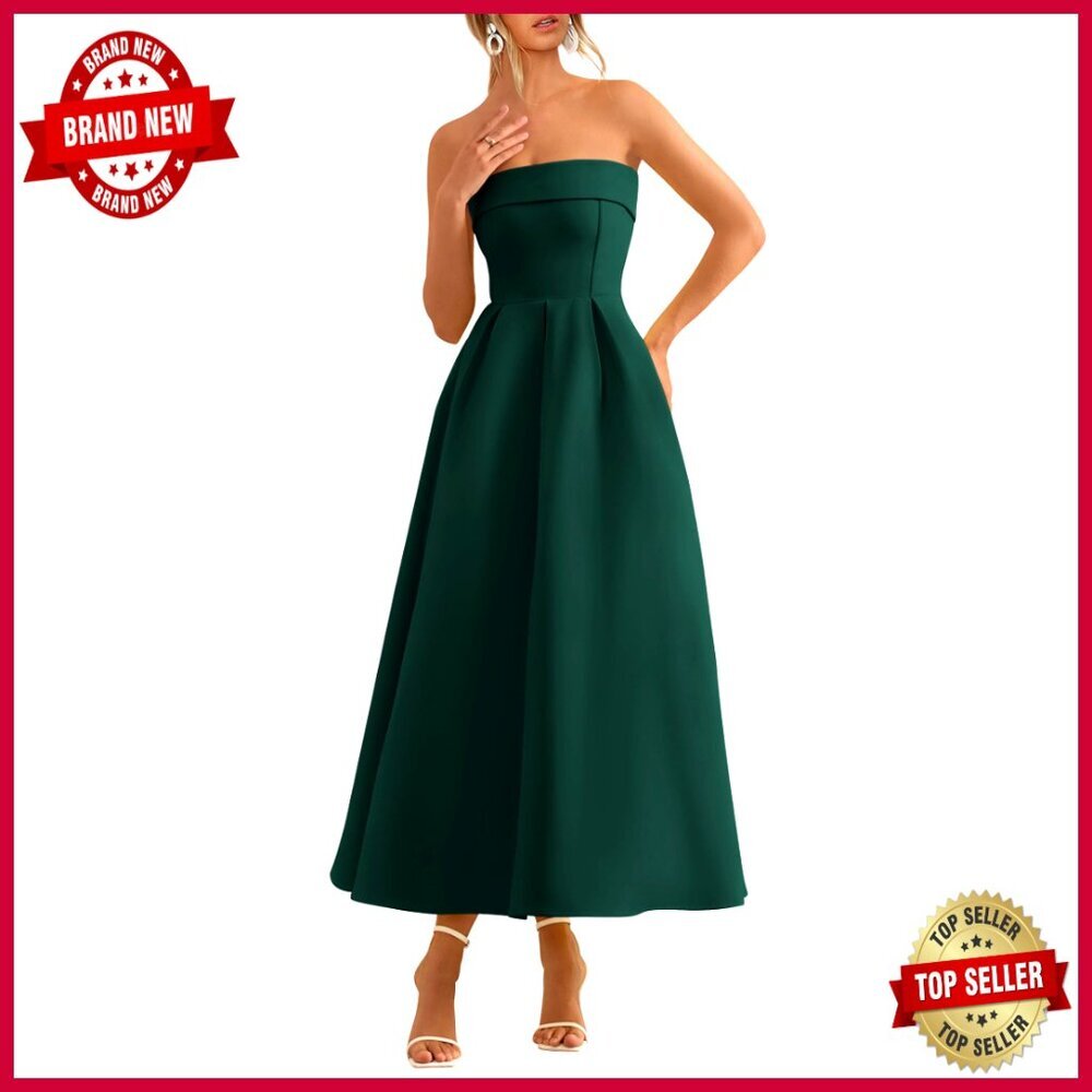 Strapless Backless Midi Dress A-Line Wedding Guest Cocktail Formal